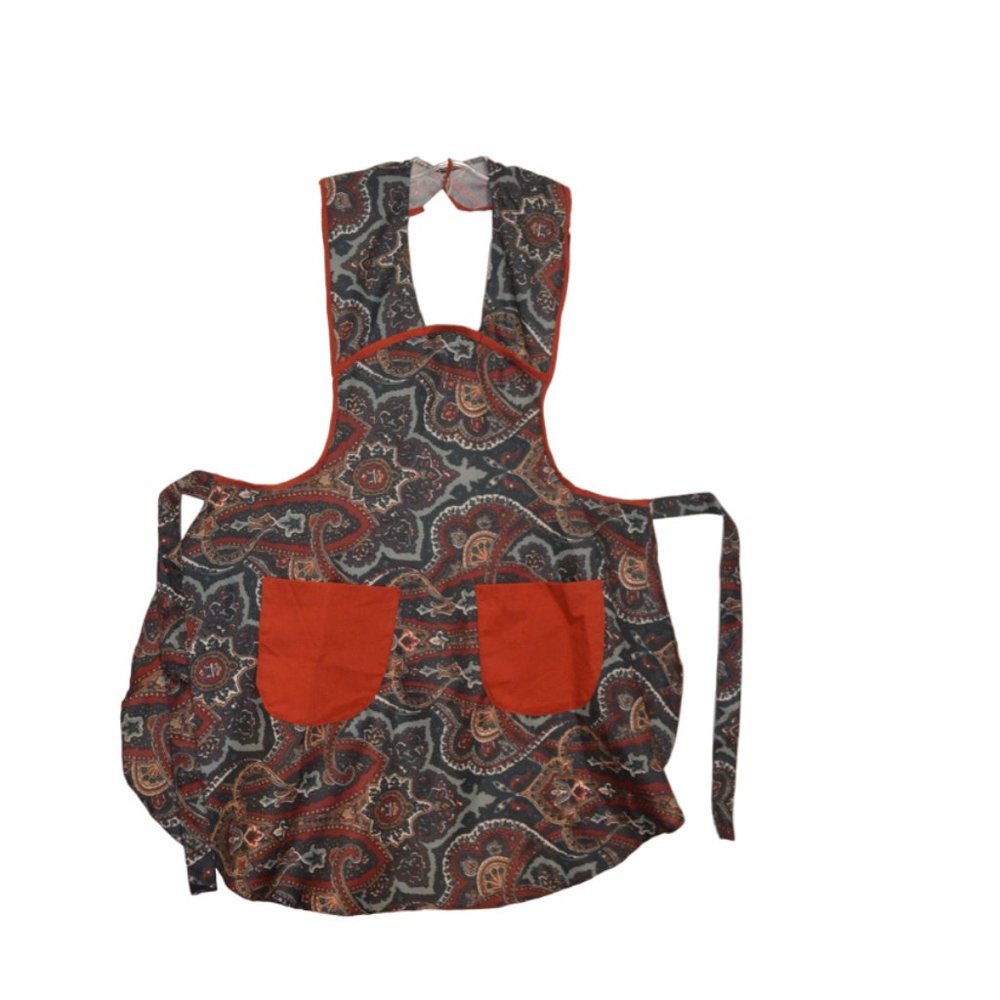 APRON Homemade Green-Red Print Nylon Front-Pockets Snap-Button Ties Women's M